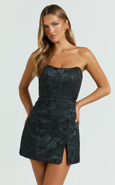 Brailey Mini Dress Strapless Dress in Black Jacquard