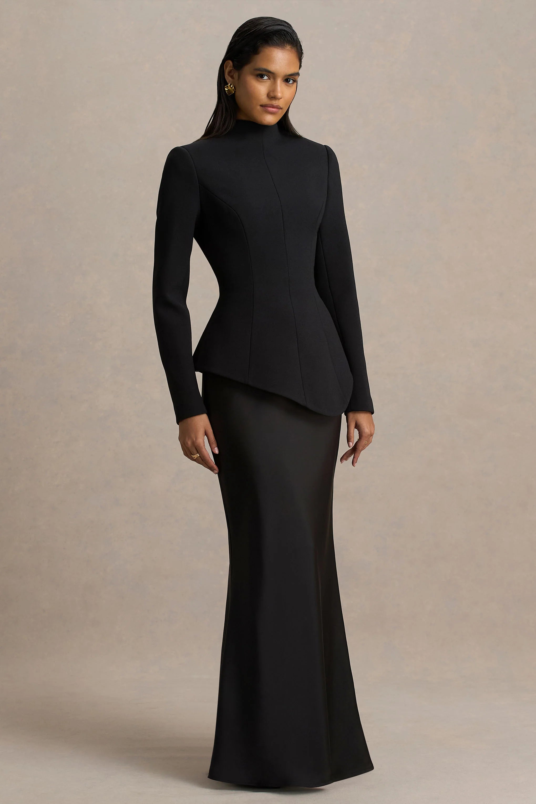 Pepita | Black High-Neck Tailored Maxi Dress With Drop-Waist And Satin Skirt