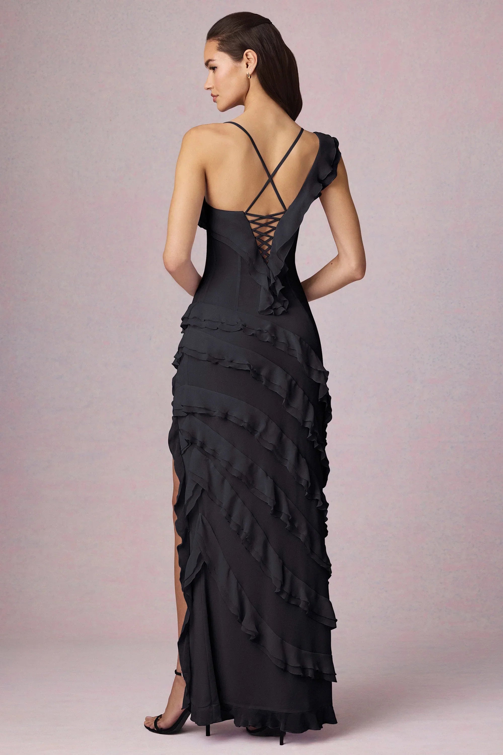 Asymmetric Ruffled Lace-Up Gown in Black
