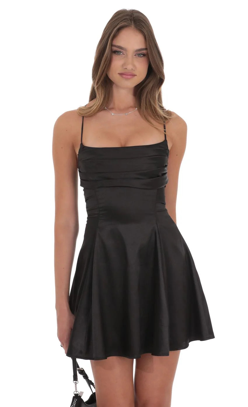 Satin Draped A-Line Dress in Black