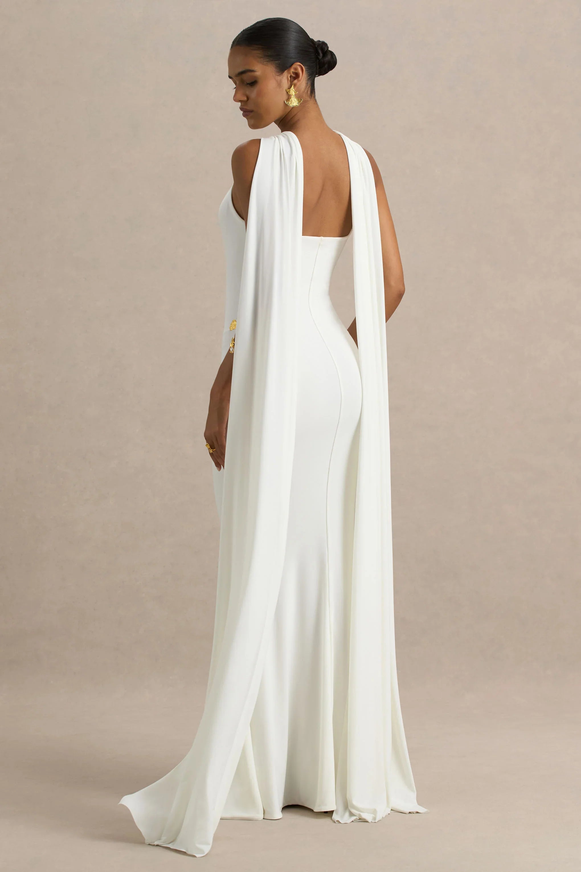 Rhoda | White Twist Halter-Neck Cape Maxi Dress