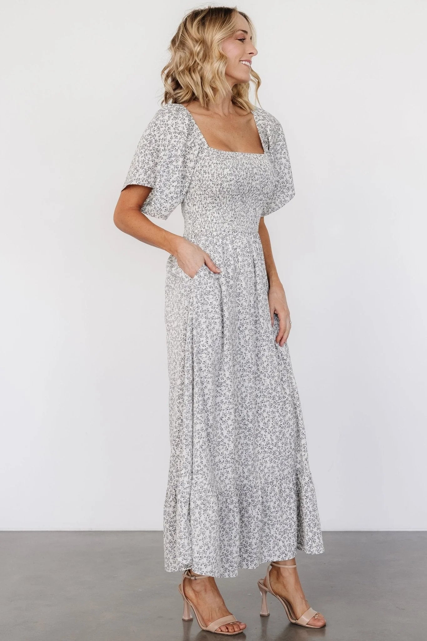 Cassis Smocked Midi Dress | Ivory + Black Floral