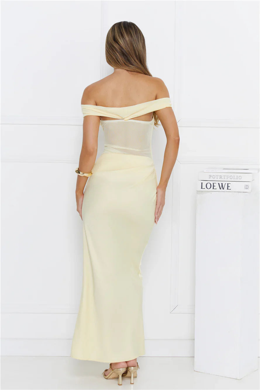 Silent Dreams Mesh Satin Off Shoulder Maxi Dress