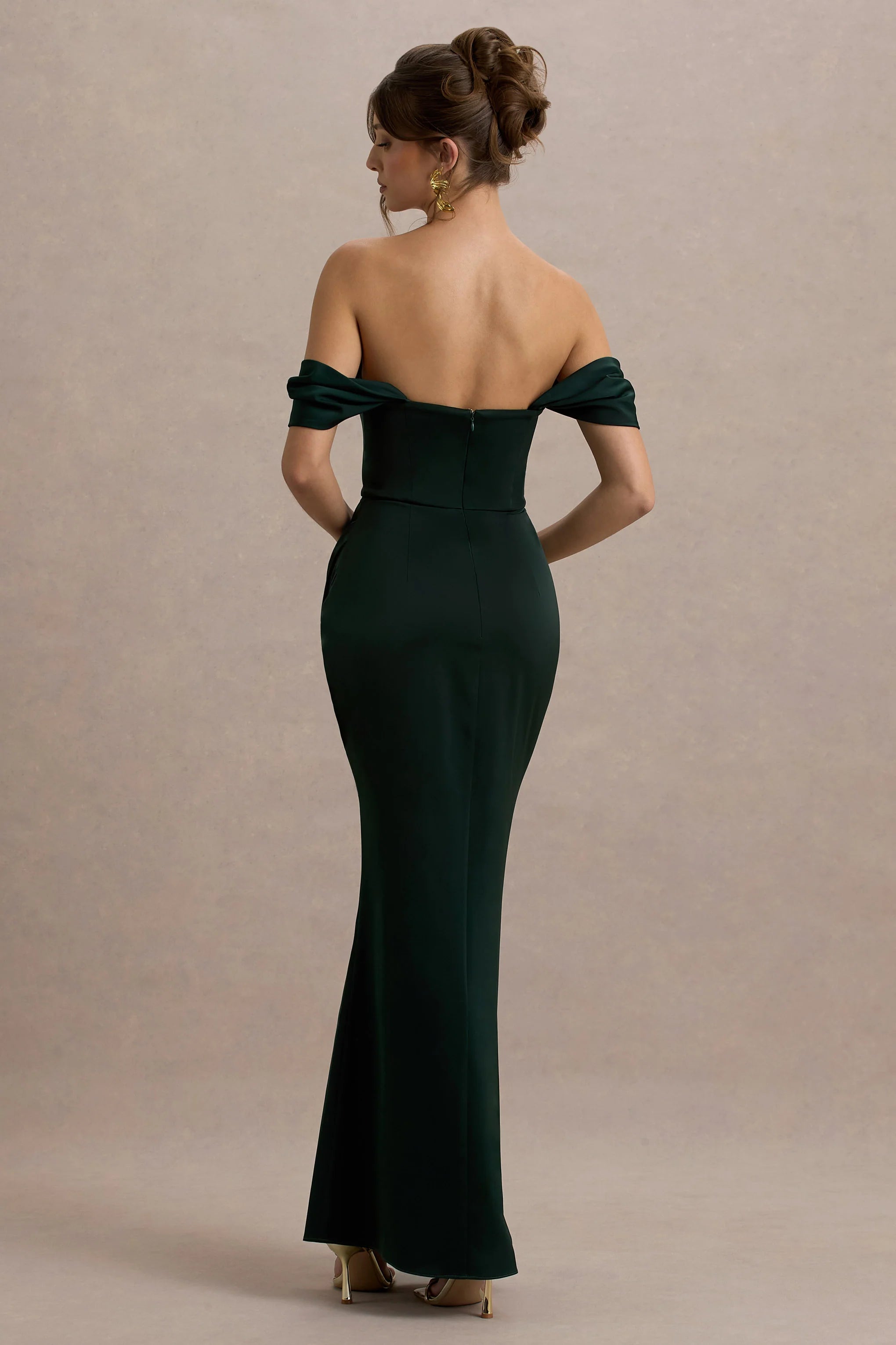 Annie | Bottle Green Satin Bardot Maxi Dress With Split Wrap Skirt
