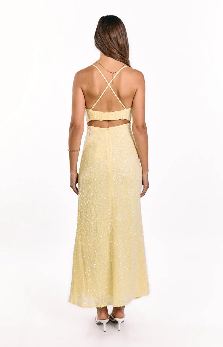 Fallon Yellow Sequin Cut Out Formal Maxi dress