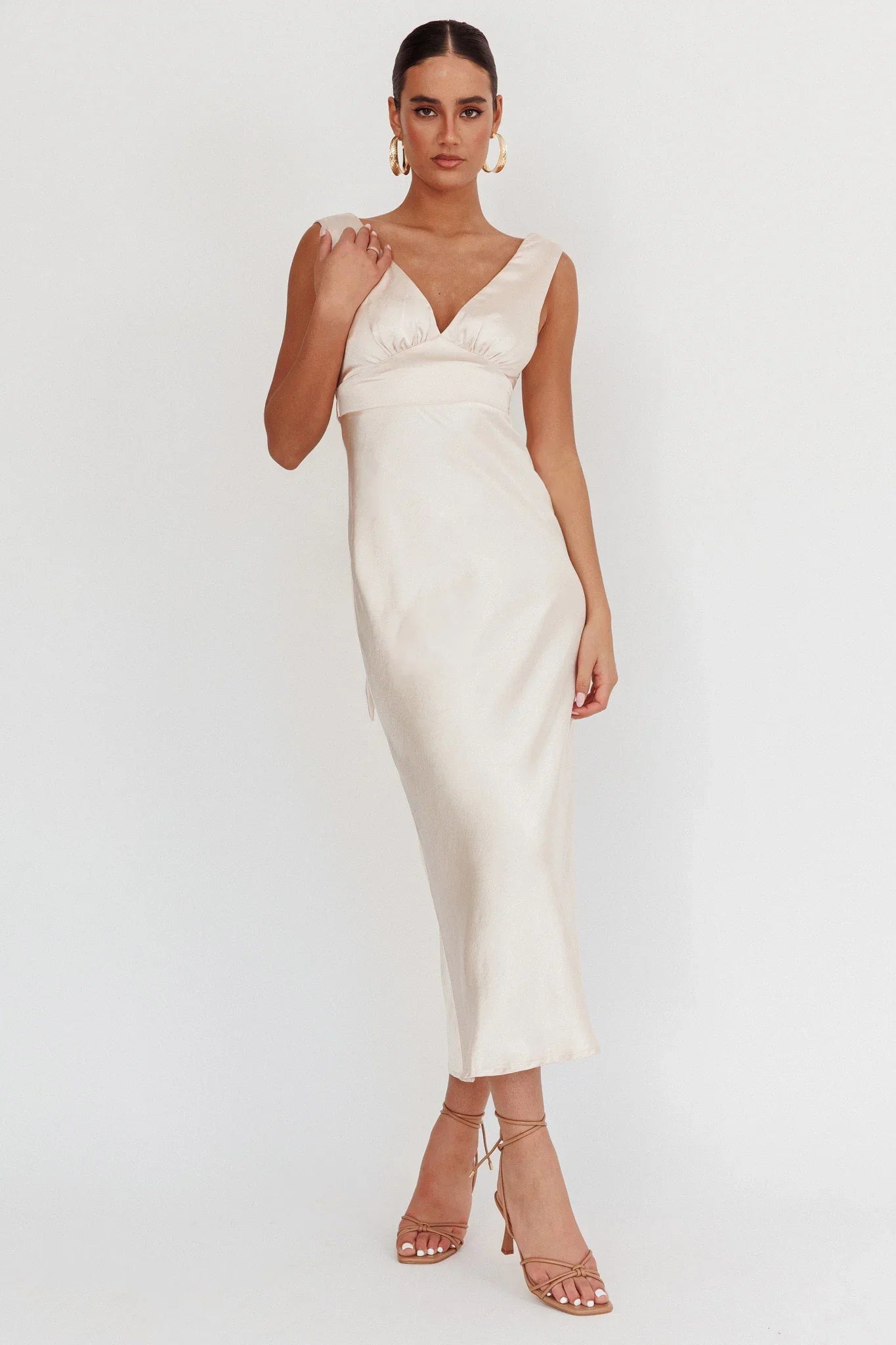 Leila V-Neck Low Back Satin Midi Dress Ivory
