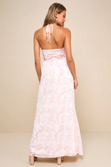 Effortlessly Abloom Light Pink Floral Ruched Halter Maxi Dress