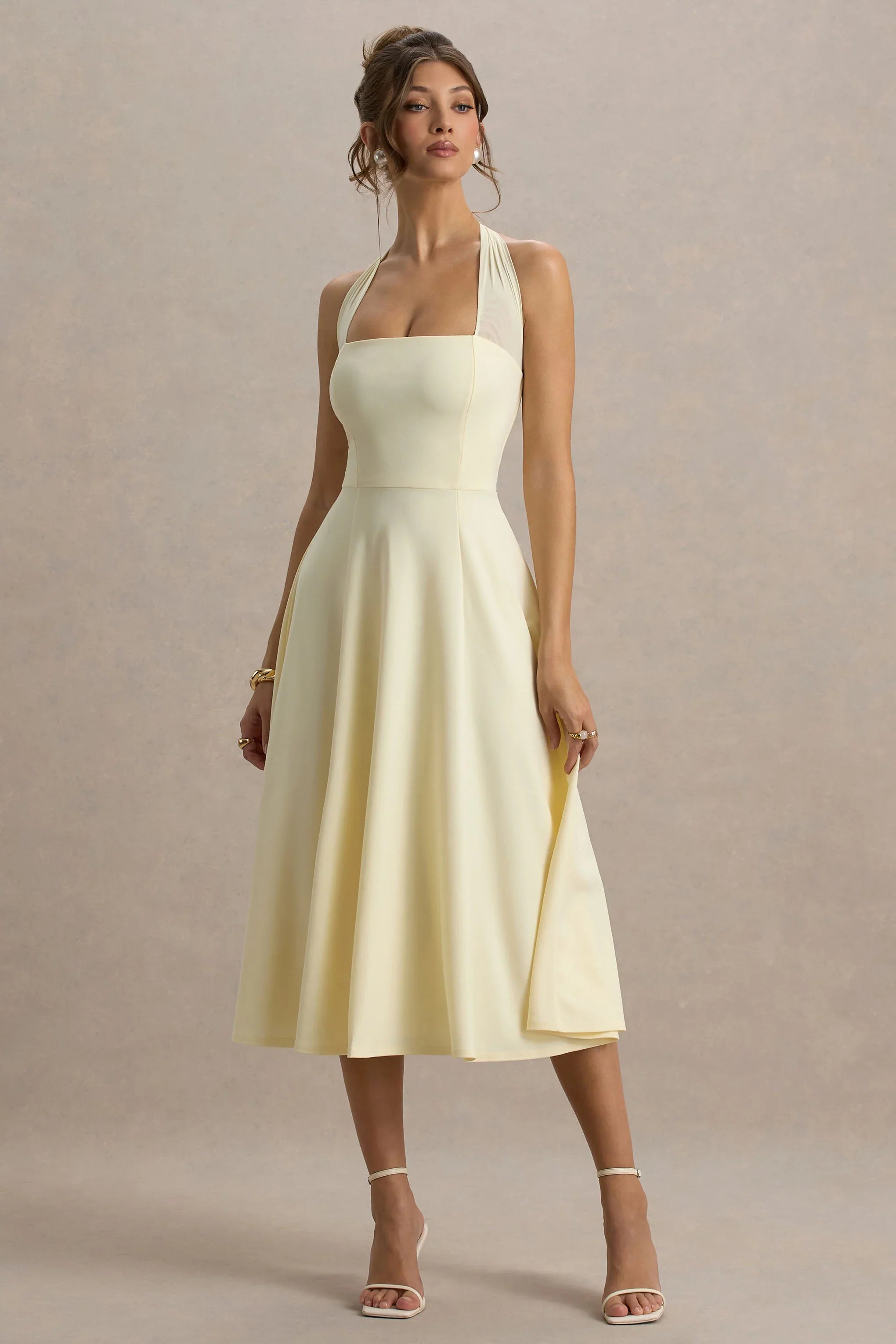 Auburn | Pale Lemon Halter-Neck Midi Dress