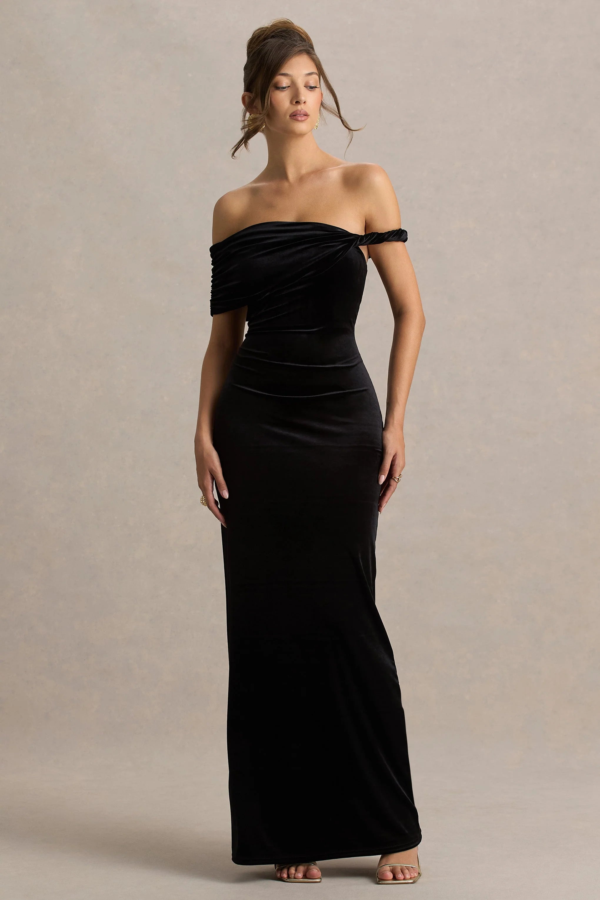 Poised | Black Velvet Bardot-Neck Maxi Dress With Twist-Sleeve