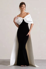 Wanting More | Black & White Satin Cape Maxi Dress With Oversized Bow