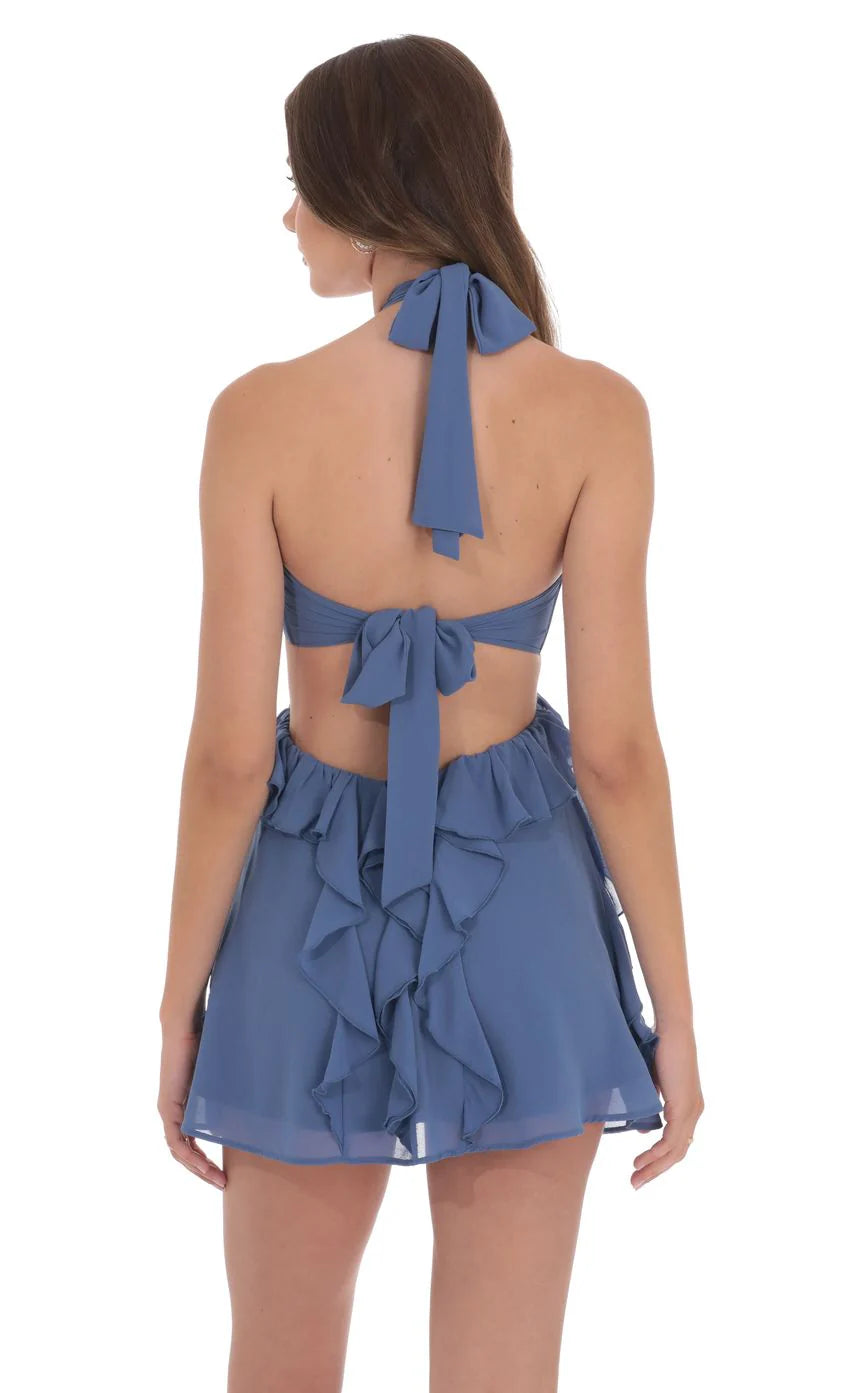 Chiffon Cutout Ruffle Dress in Denim Blue