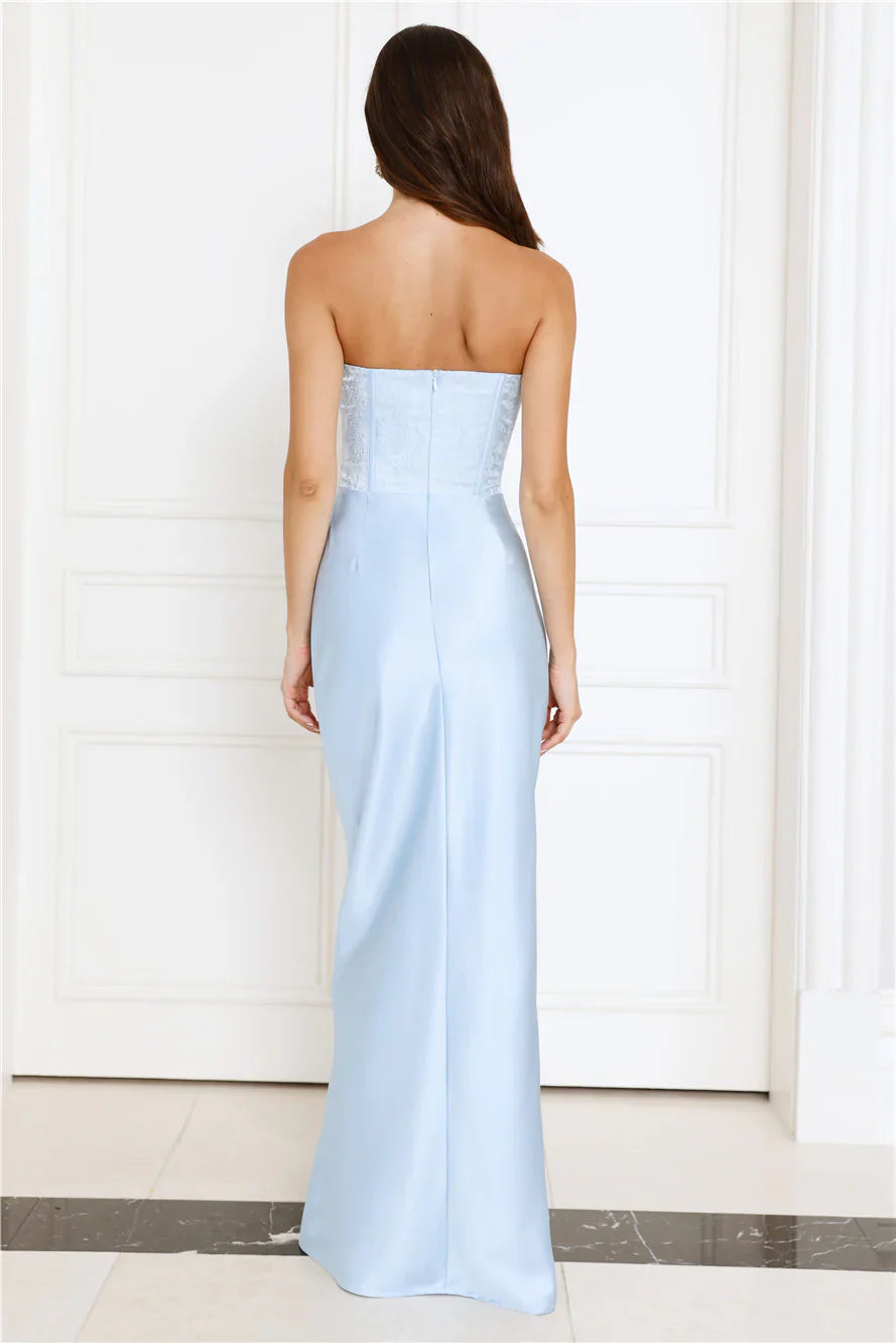 Dressed To Dazzle Strapless Satin Maxi Dress