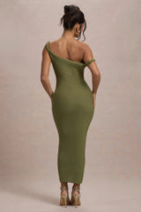 Salome | Olive Twisted Asymmetric Midi Dress