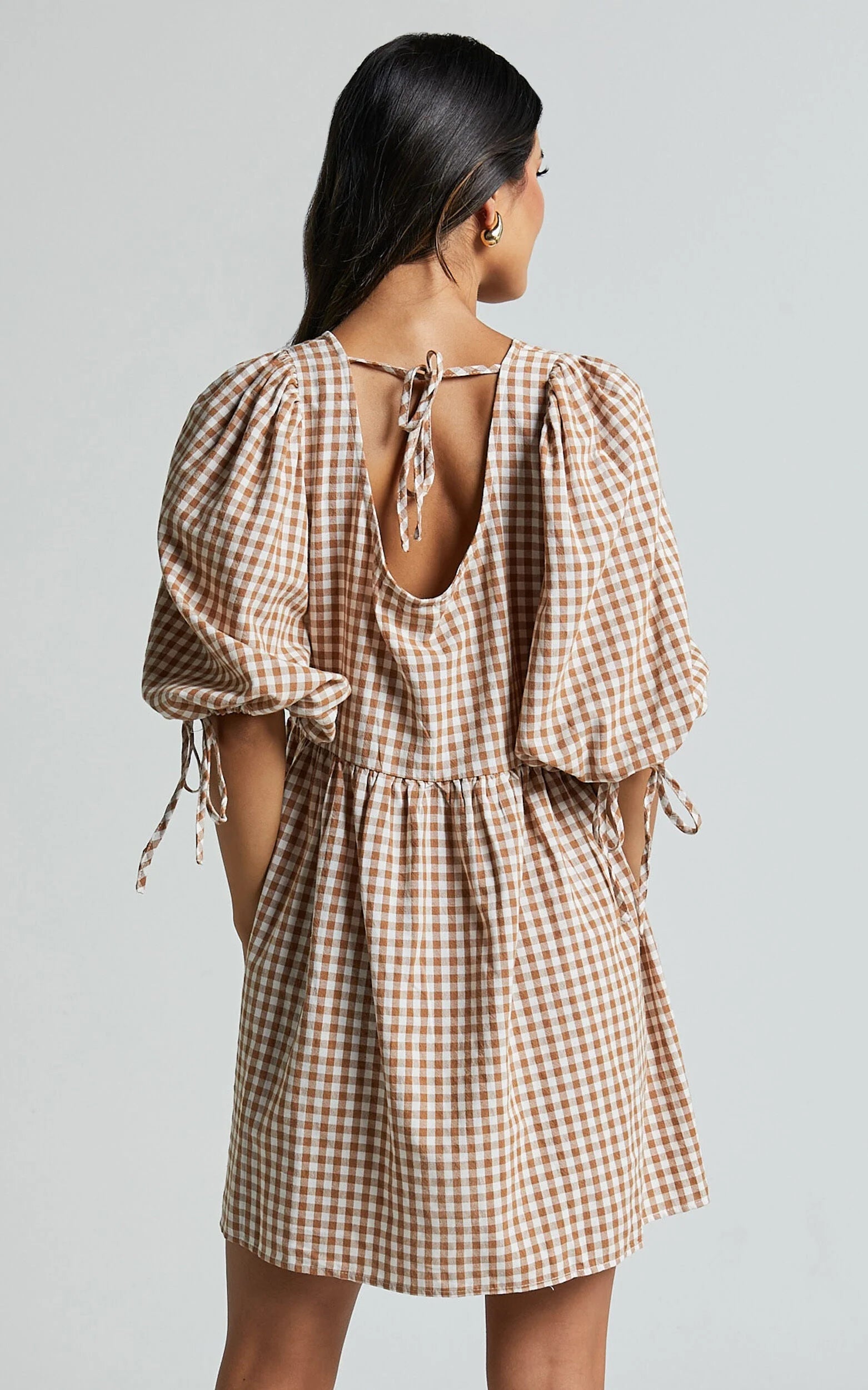 Rosita Mini Dress - Tie Front Puff Sleeve Dress in Caramel & White Gingham
