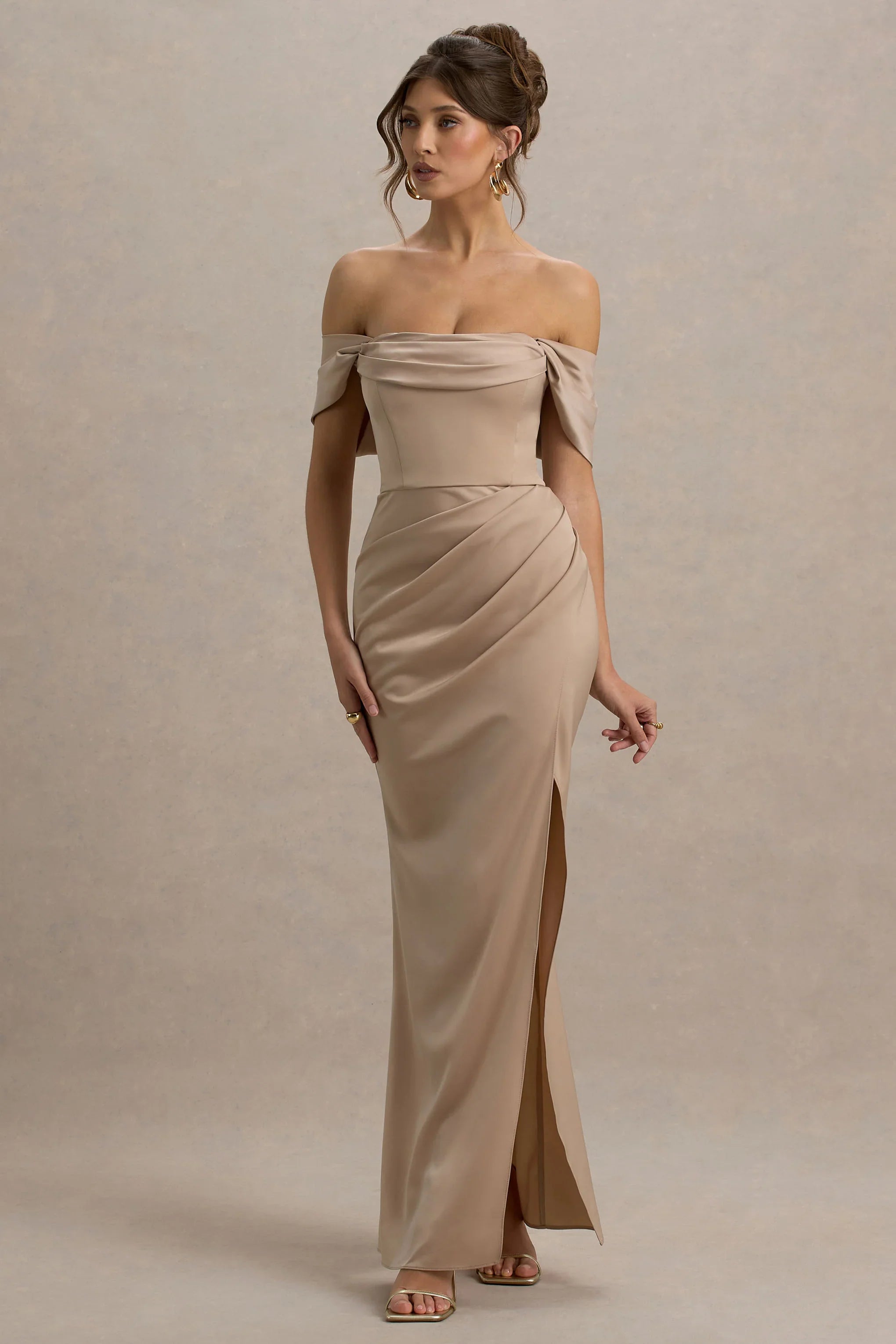 Annie | Champagne Satin Bardot Maxi Dress With Split Wrap Skirt