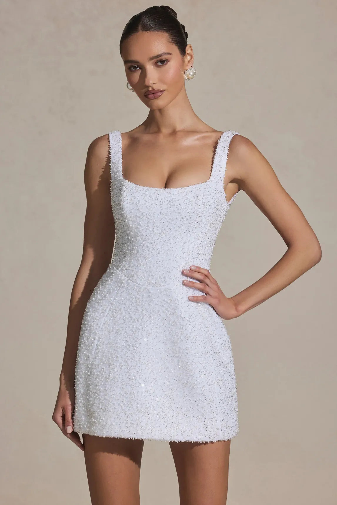 Embellished Structured A-Line Mini Dress in White