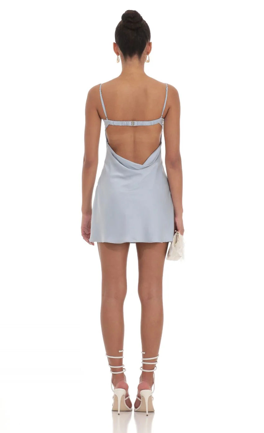 Satin Open Back Dress in Blue