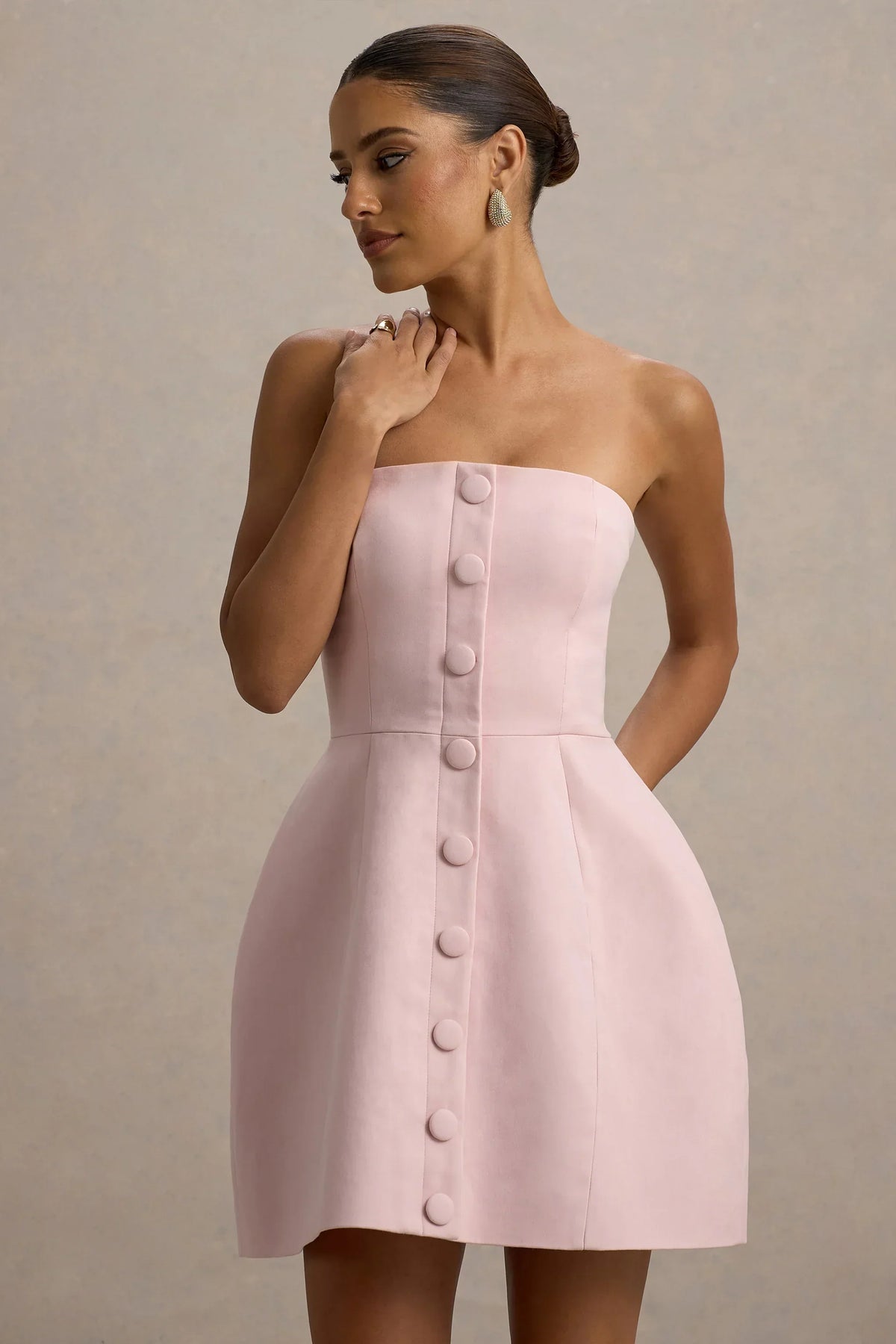 Anniston | Pink Bandeau Tailored Button Mini Dress