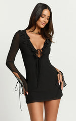 Alesya Mini Dress Ruffle Plunge Neck Long Sleeve Tie Detail Dress in Black