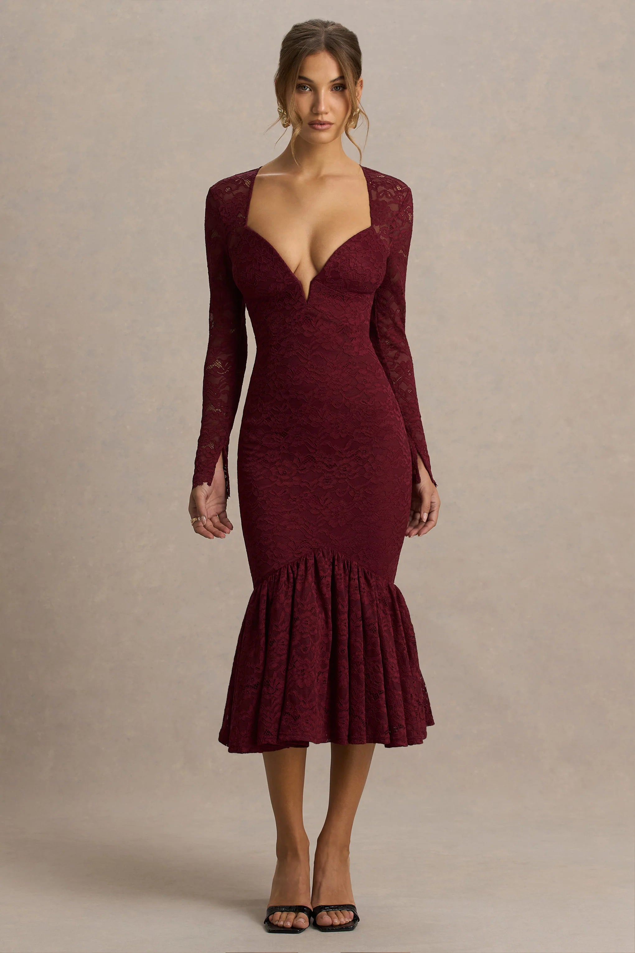Camilly | Burgundy Lace Plunge-Neck Mermaid Midi Dress