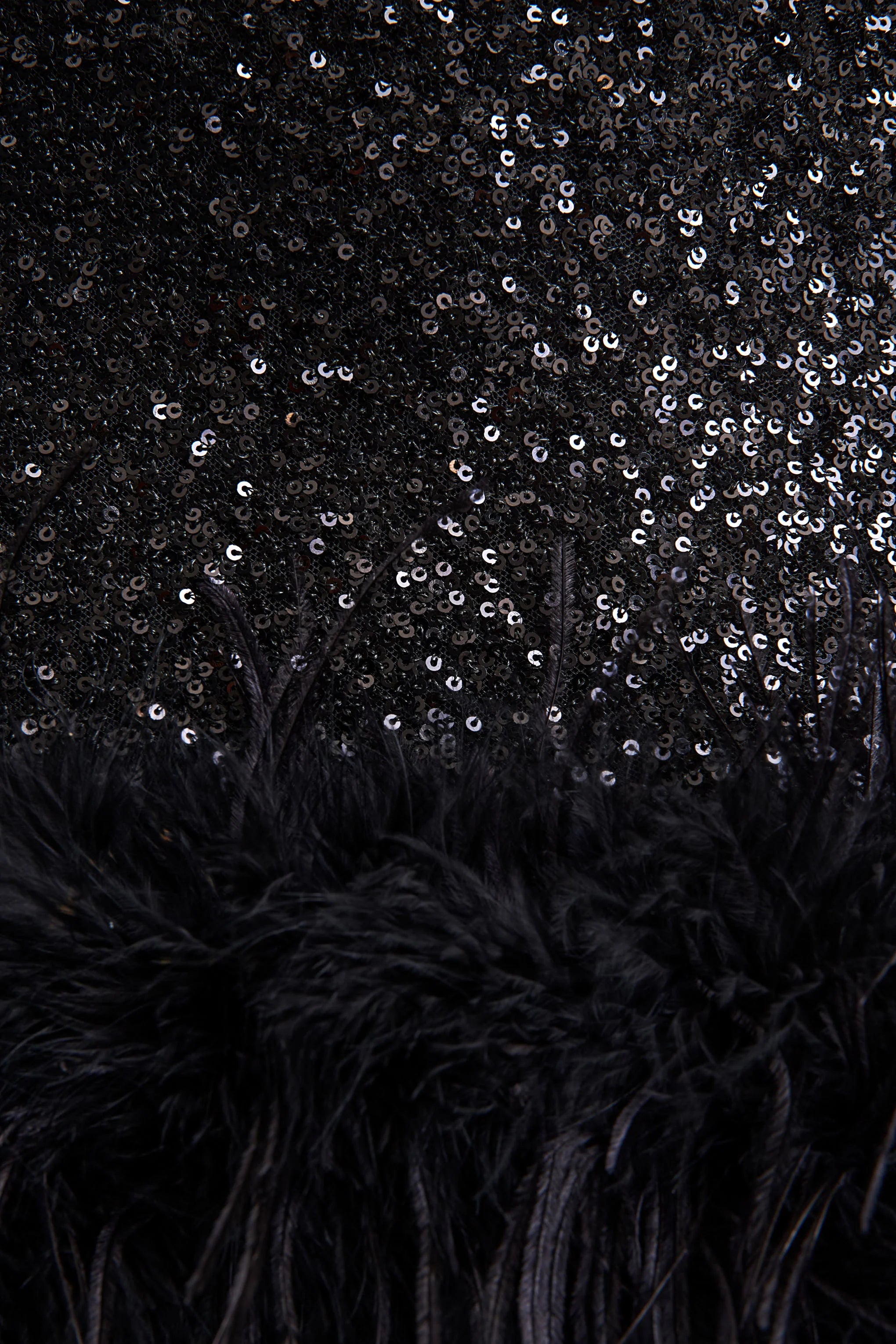 Rosalinda | Black Sequin Square-Neck Mini Dress With Feather Trim