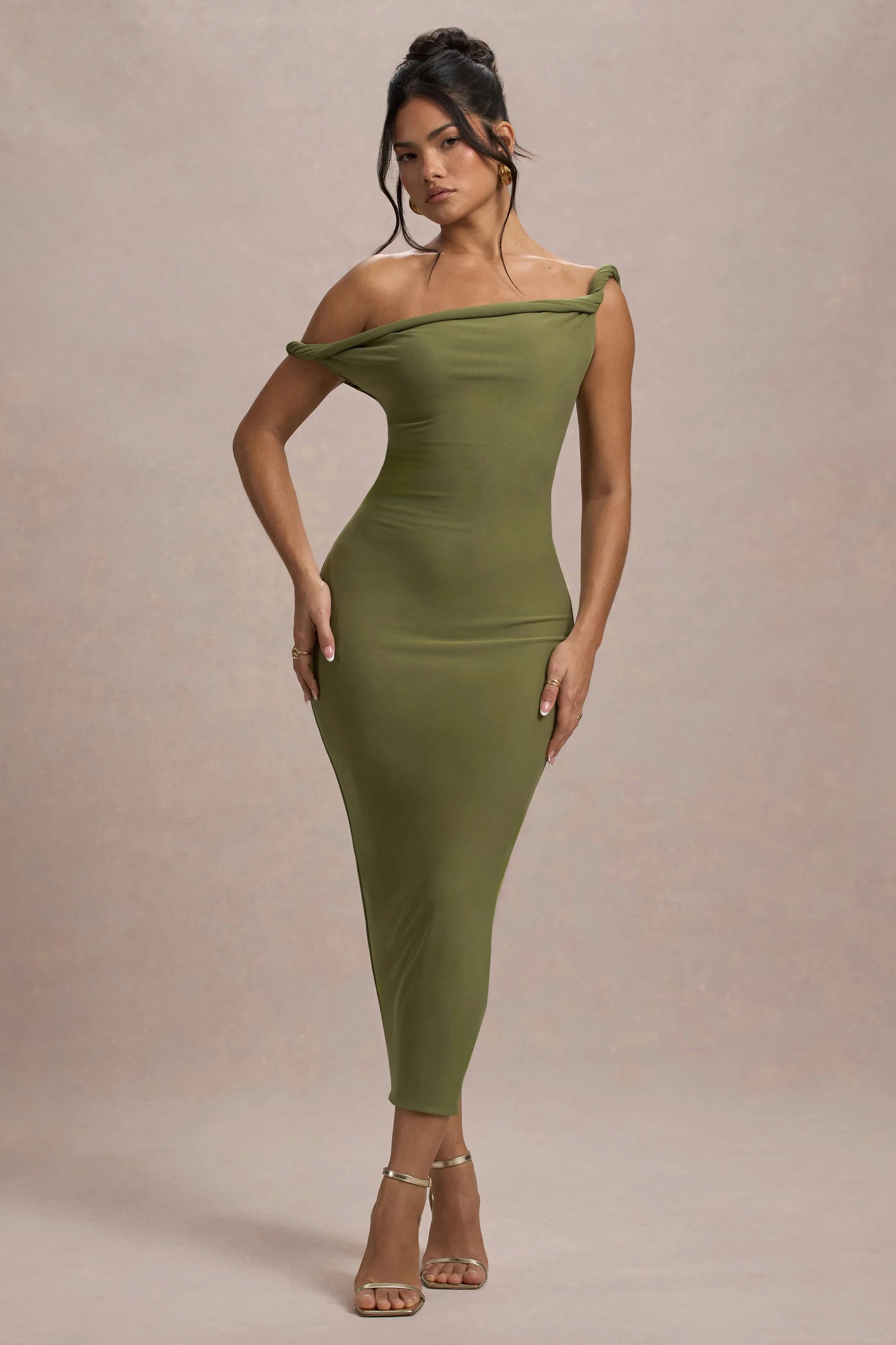 Salome | Olive Twisted Asymmetric Midi Dress