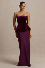 Indulgent | Burgundy Velvet And Satin Bandeau Corset Maxi Dress