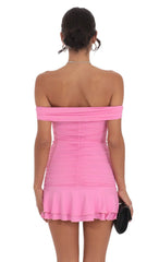 Off Shoulder Ruched Ruffle Dress in Pink