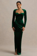 Fay | Bottle Green Velvet Corset Style Knot Maxi Dress