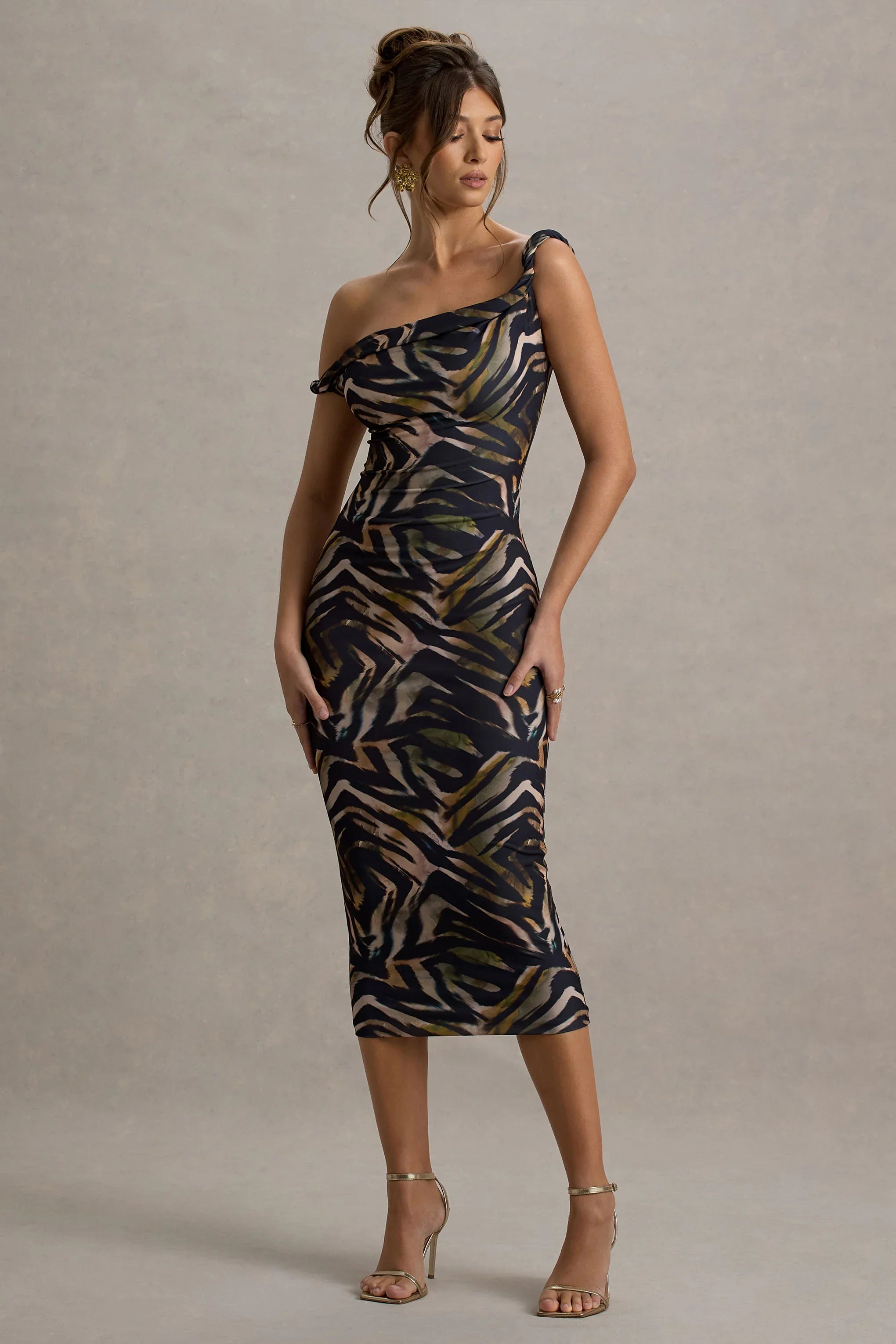 Nora | Zebra Print Twisted Asymmetric Midi Dress