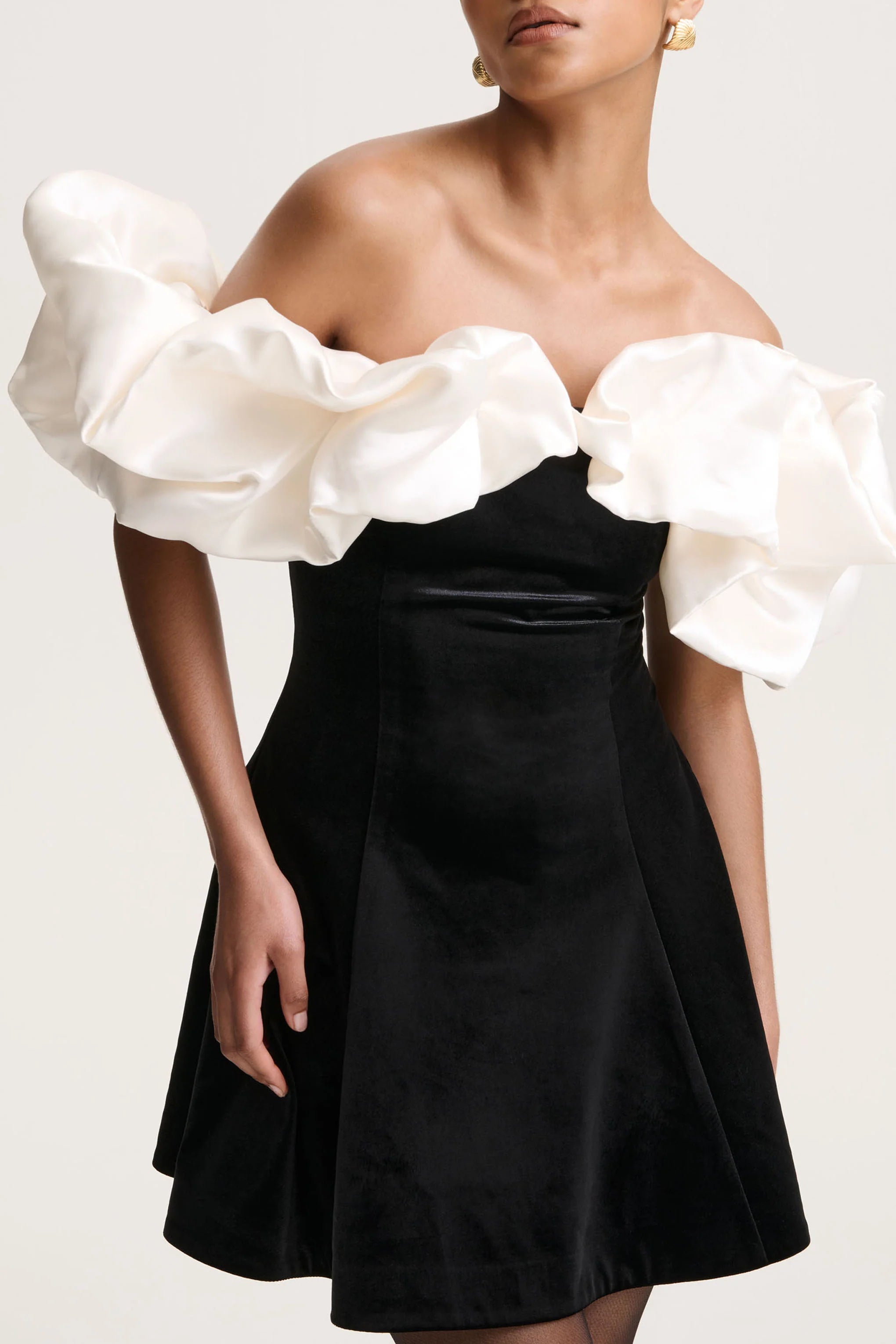 Brynne | Black & Cream Velvet Mini Dress With Satin Puff Sleeves