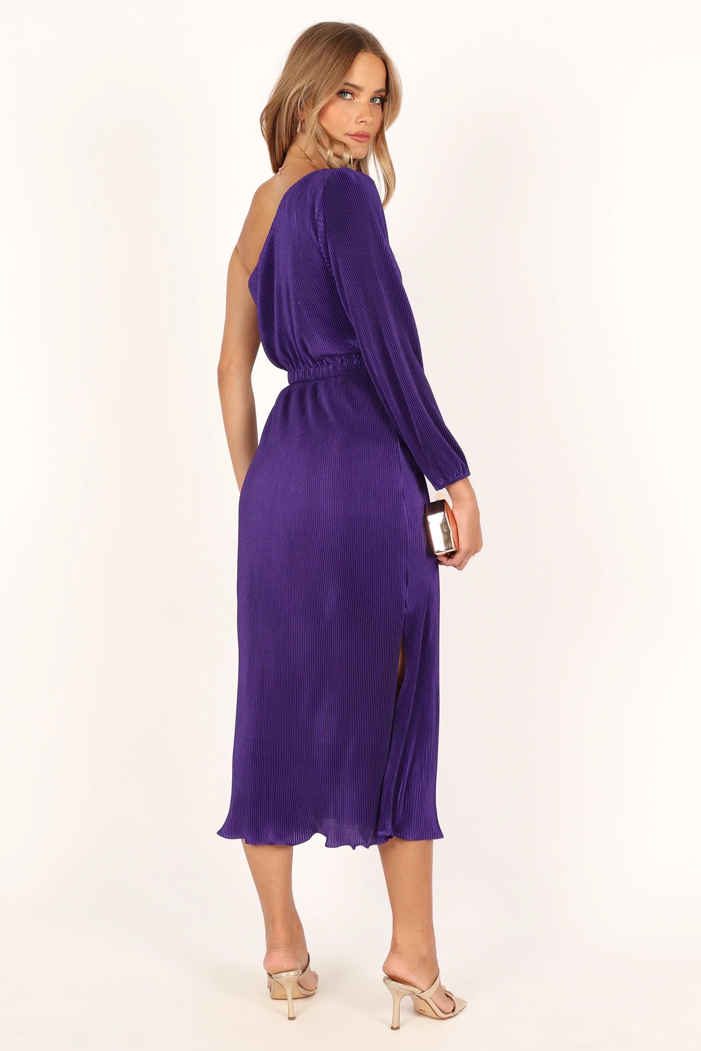 Pontee One Shoulder Pleated Midi Dress - Purple