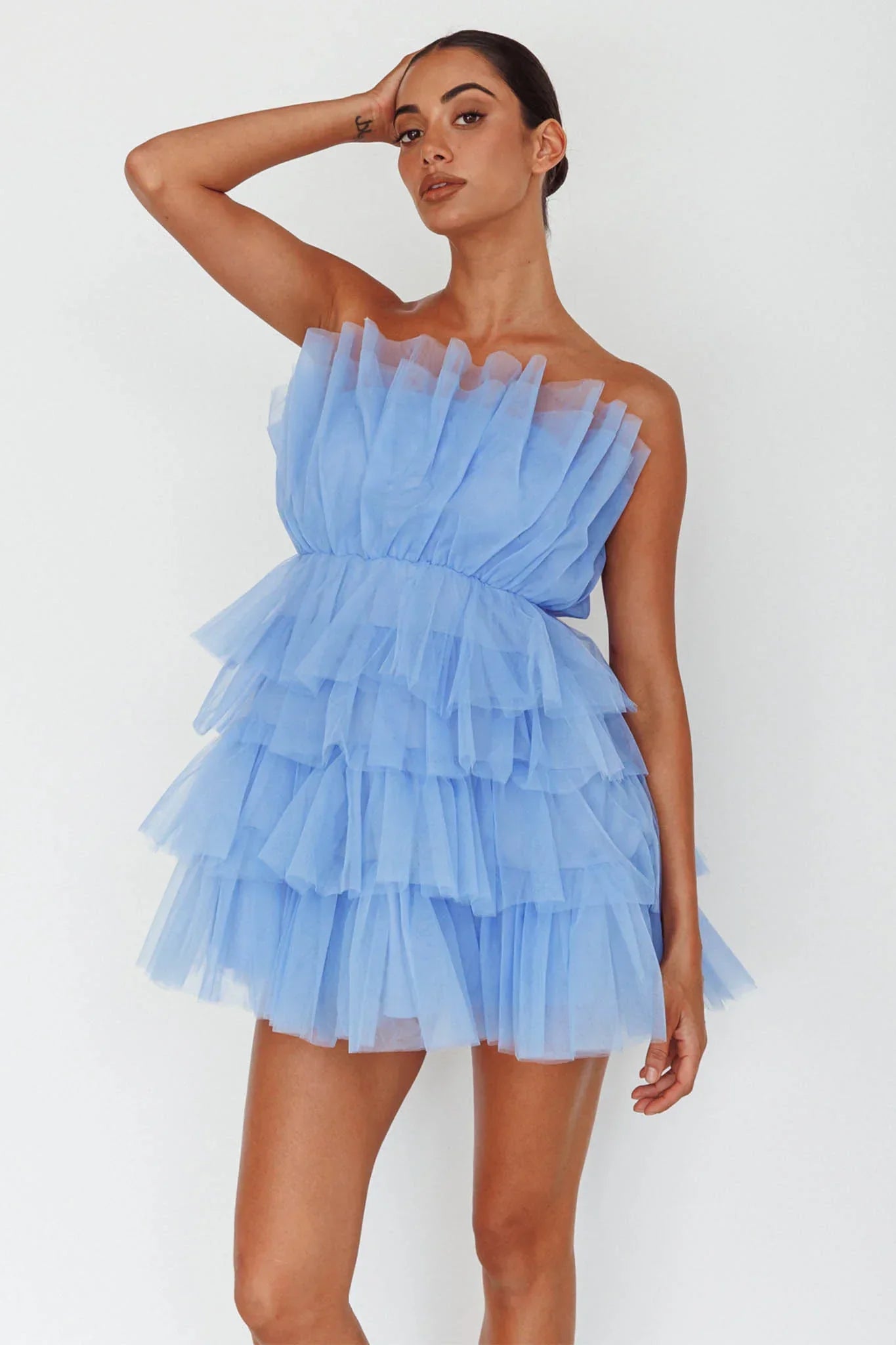 Bon Bon Tiered Mesh Mini Dress Steel Blue