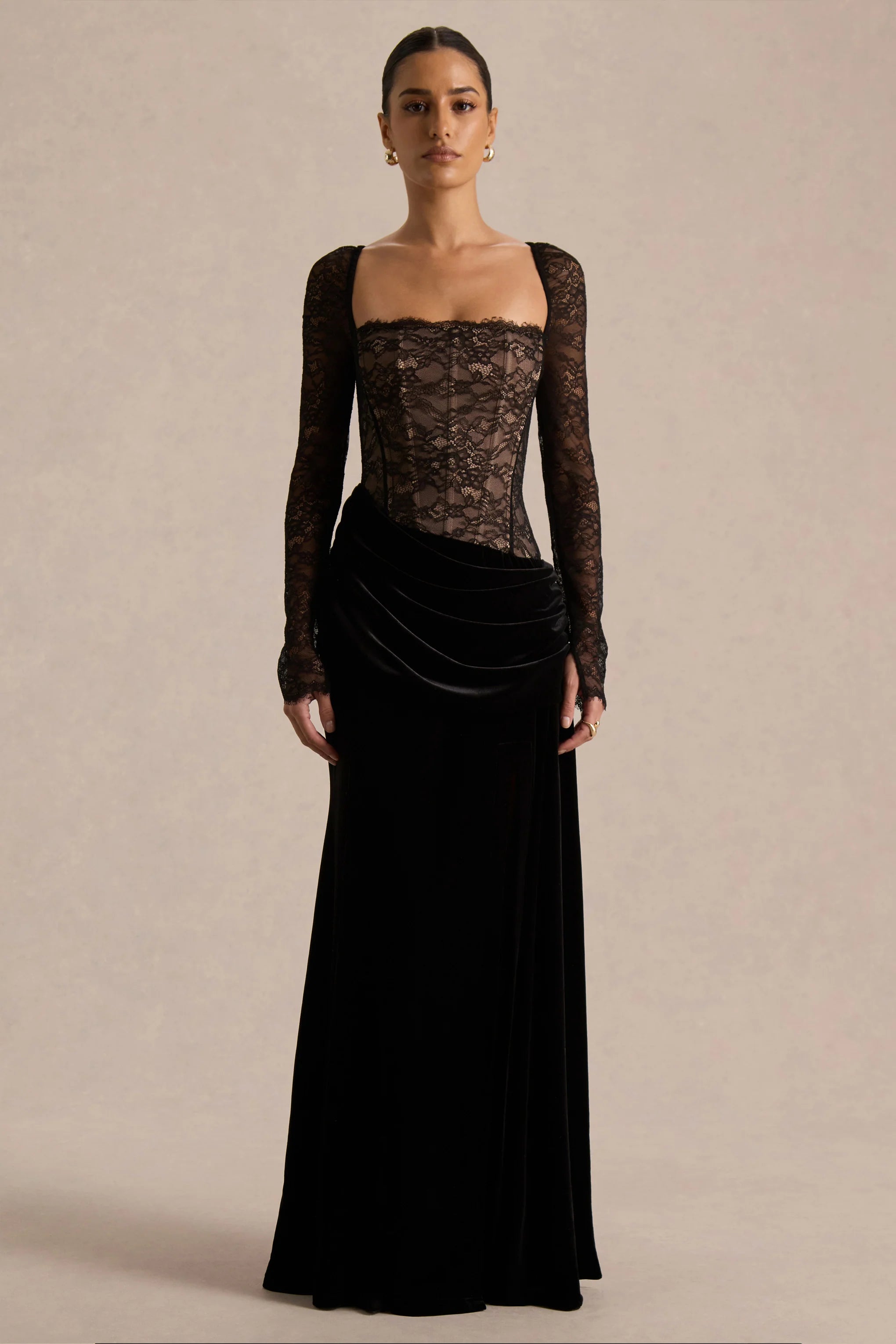 Finesse | Black Lace And Velvet Square-Neck Maxi Dress With Draped Skirt