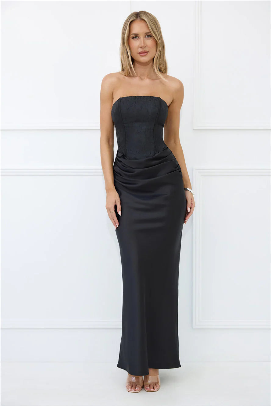 Dressed To Dazzle Strapless Satin Maxi Dress
