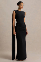 Premiere | Black Boat-Neck Maxi Dress With Open-Back And Cape-Sleeves