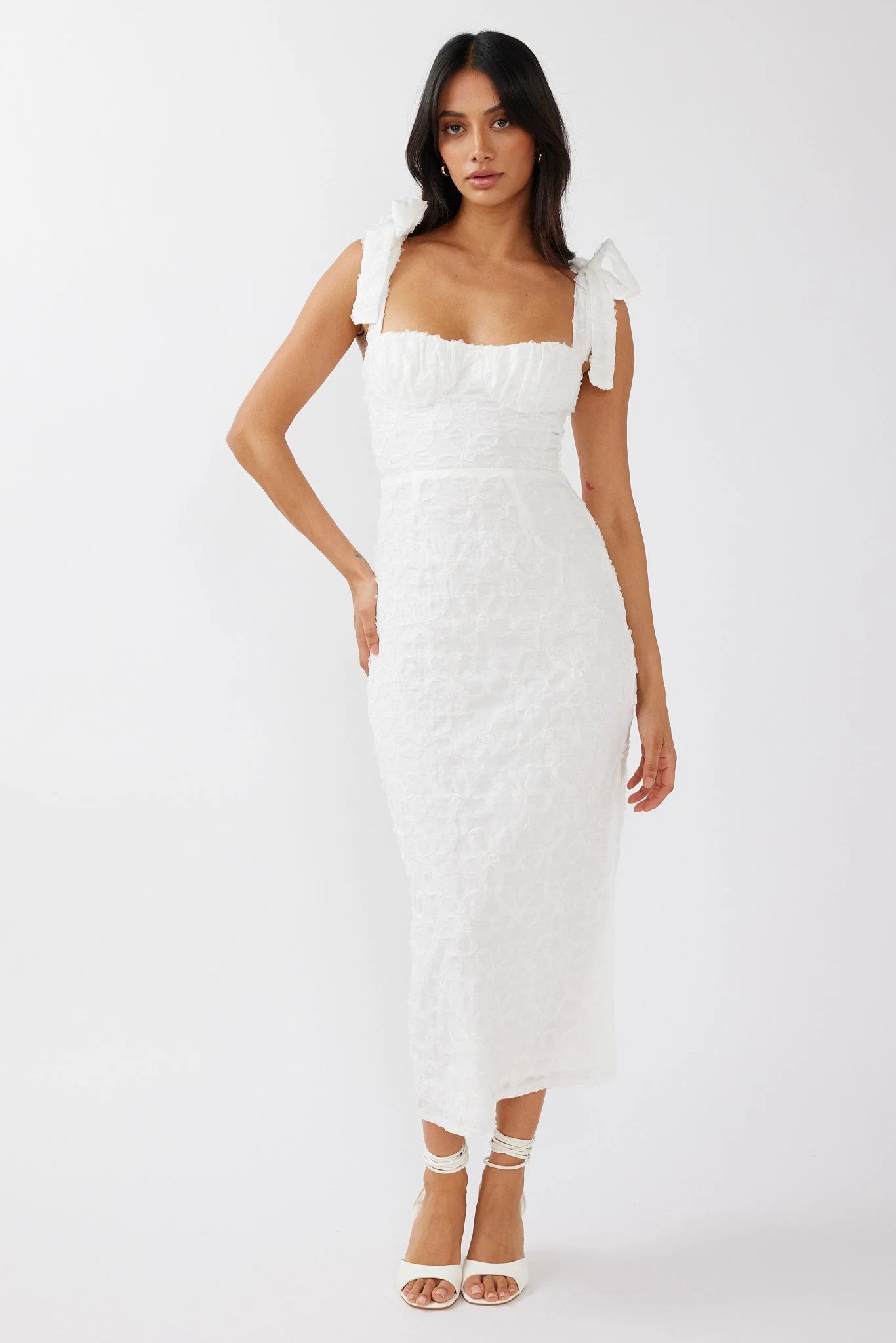 Cupid Tied Shoulder Embellished Midi Dress White