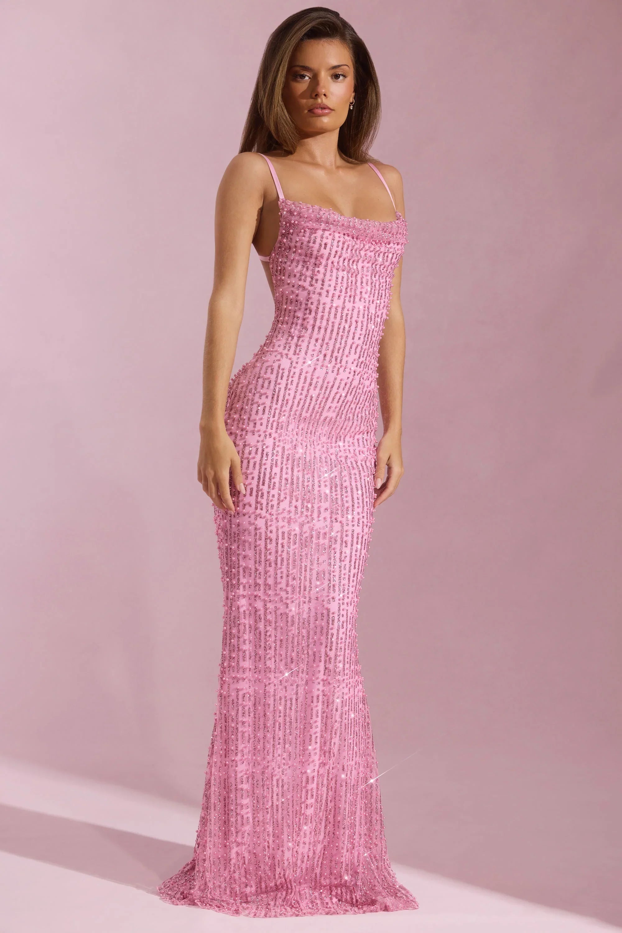 Embellished Cowl-Neck Backless Maxi Dress in Pink