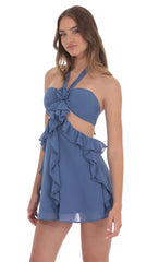 Chiffon Cutout Ruffle Dress in Denim Blue