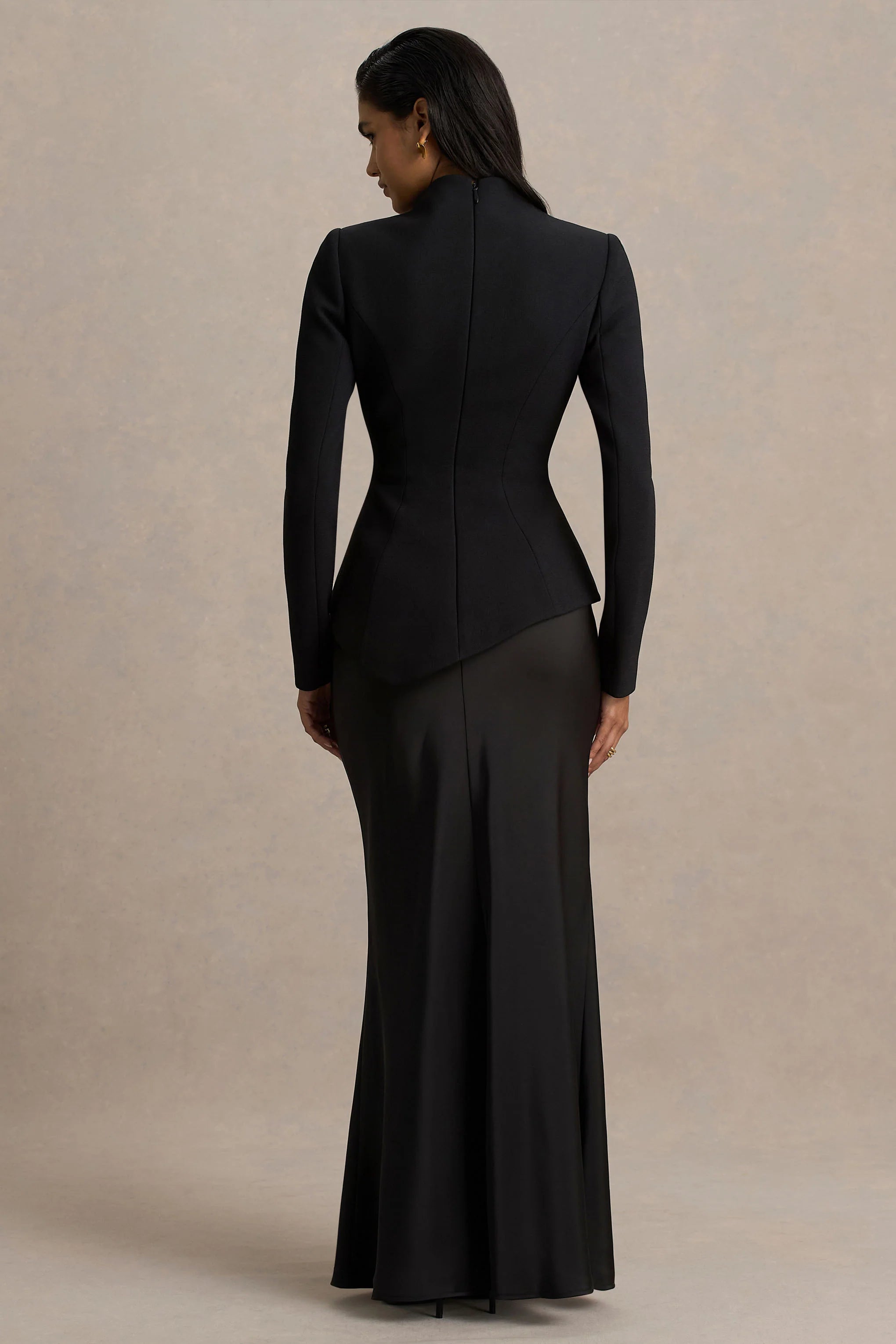 Pepita | Black High-Neck Tailored Maxi Dress With Drop-Waist And Satin Skirt