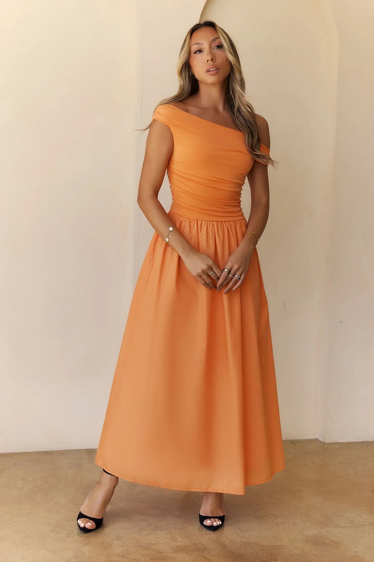 Camellia Charm Off Shoulder Maxi Dress