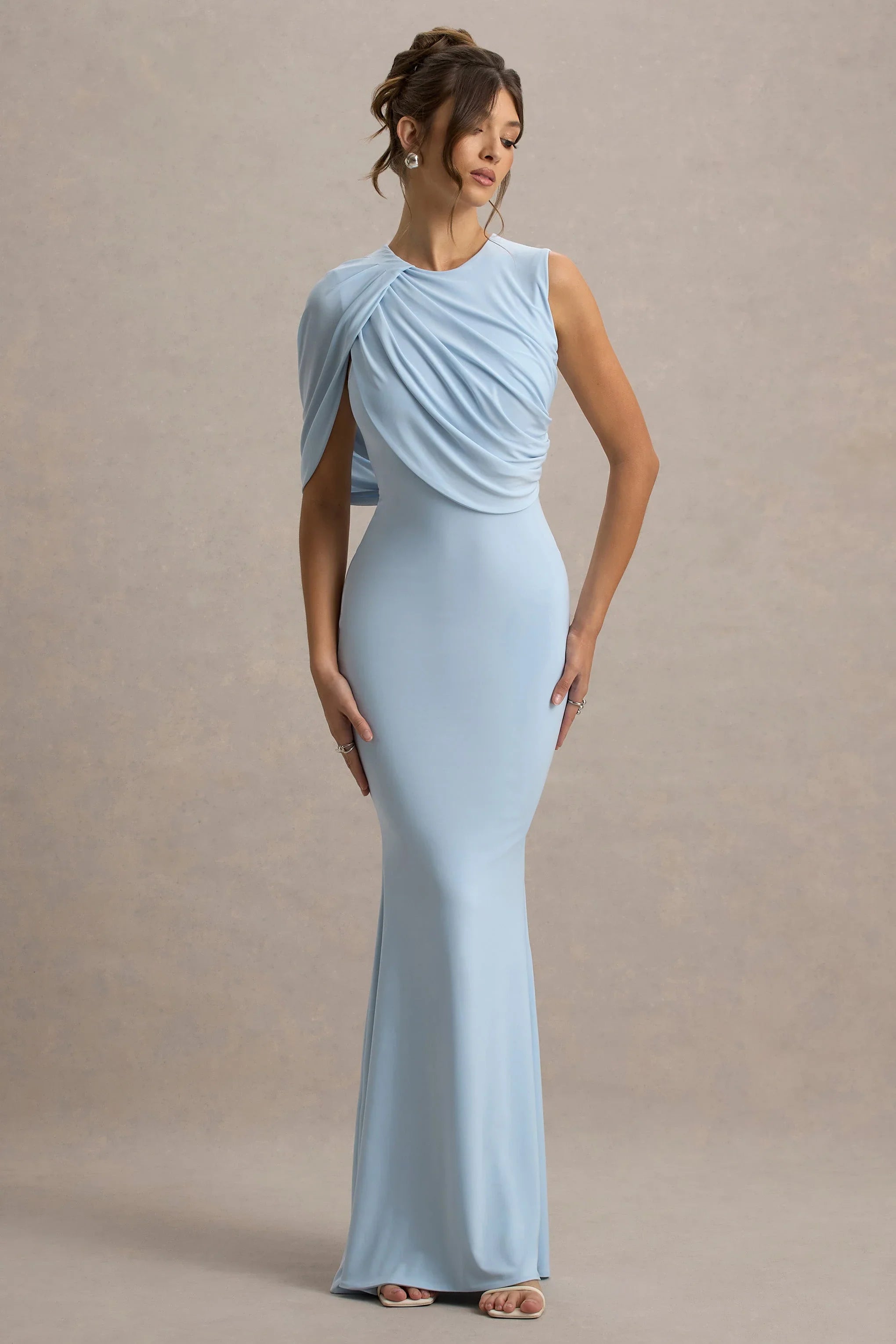 Rae | Powder Blue Maxi Dress With One-Sleeve Cape