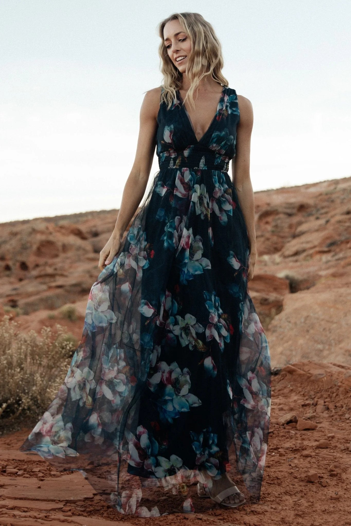 Kamila Tulle Maxi Dress | Navy Abstract Floral